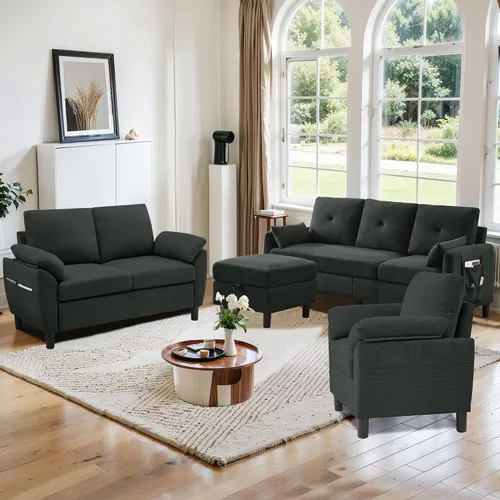 Vista 14 de Juego de sofá seccional, sofá convertible de 77 pulgadas y silla decorativa de 35 pulgadas, sofá pequeño en forma de L de 3 asientos con otomana