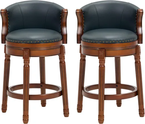 Vista 14 de CozyRain Taburetes de bar de madera de goma, taburete de bar tapizado de cuero con respaldo y reposapiés para el hogar, cocina, mostrador, comedor