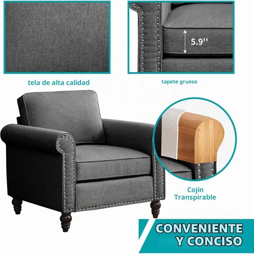 Vista 9 de BALUS Juego de sofás y sofá biplaza para sala de estar, sofás para sala de estar con patas de sofá de madera, juegos de sofá y sofá biplaza con Gris