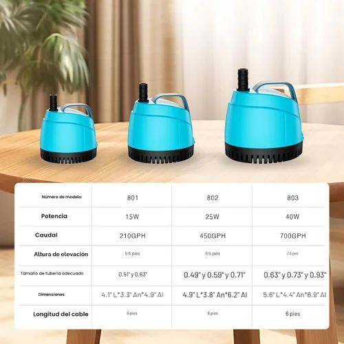 Vista 3 de Bomba de agua sumergible de 210 GPH ultra silenciosa (780L/H, 15 W), bomba de acuario de succión inferior con 2 boquillas, elevación de 5.6 pies