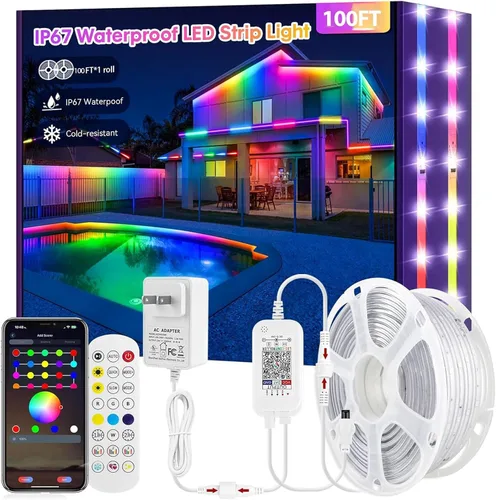 Vista 7 de Tira de luces LED RGB+IC de 50 pies para exteriores, impermeable, IP67, varios colores, luces LED inteligentes Bluetooth, control de aplicación