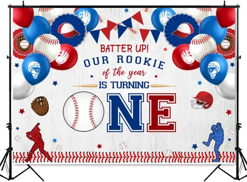 Vista 4 de Mocsicka Telón de fondo de béisbol para el primer cumpleaños para niño con texto en inglés "My Rookie Year", decoración de fiesta de béisbol novato