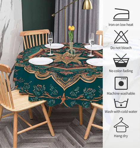 Vista 7 de IBILIU Mantel redondo de mandala floral retro, bohemio, estilo indio, patrón étnico de damasco, resistente al agua, de poliéster, mantel decorativo