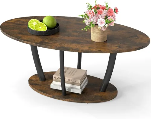 Vista 10 de Manora Mesa de centro ovalada pequeña rústica para sala de estar, mesa central de madera estrecha con estante, mesa de centro de estilo retro