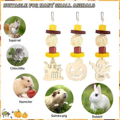 Vista 7 de Abizoo Juguetes masticables de conejillo de indias de Halloween, 3 piezas de juguetes de conejo, conejito de hámster, golosinas de madera para ratas