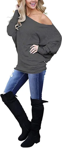 Vista 2 de Poetsky Women's Long Sleeve Off Shoulder Tunic Tops Loose Casual Oversized Shirts Blouse