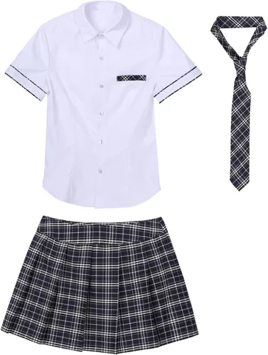 Vista 5 de easyforever Disfraz de colegiala para mujer, uniforme de cosplay, minifalda plisada con camisa de corbata Oxford