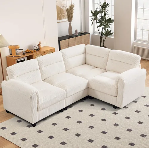 Vista 74 de HAOMARKETS Sofá esquinero modular en forma de L de 115 pulgadas con 2 otomanas móviles, sofás de pana de 8 plazas con cojín grueso para sala de Beige