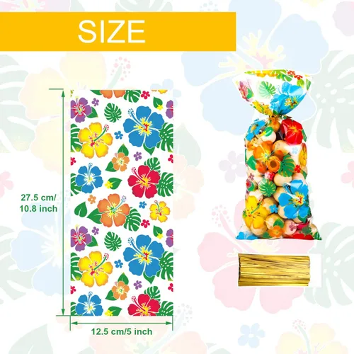 Vista 7 de 100 bolsas hawaianas de celofán Luau tropical, Aloha Hibiscus, bolsas de golosinas, suministros para fiestas Tiki, decoraciones Luau con 100 lazos