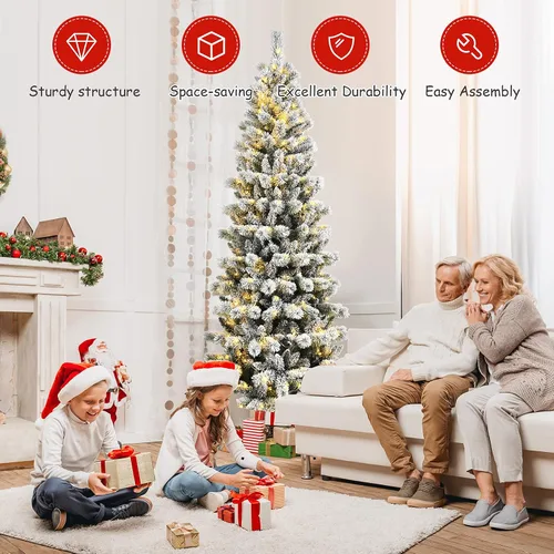 Vista 7 de DORTALA Árbol de Navidad artificial delgado preiluminado de 7.5 pies con copos de nieve, 693 puntas de rama, 300 luces LED blancas cálidas