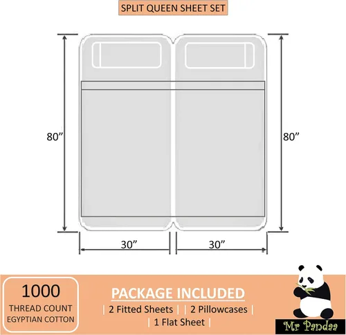 Vista 4 de Juego de sábanas divididas tamaño Queen para cama ajustable, 1000 hilos, 100% algodón egipcio de 18 pulgadas de profundidad, 1000 hilos, 5 piezas