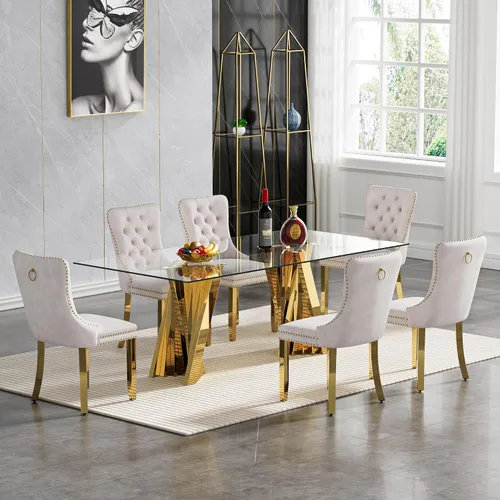 Vista 52 de Juego de mesa de comedor de cristal dorado moderno de 70 pulgadas para 4, juego de mesa rectangular de comedor de cocina de 5 piezas con base