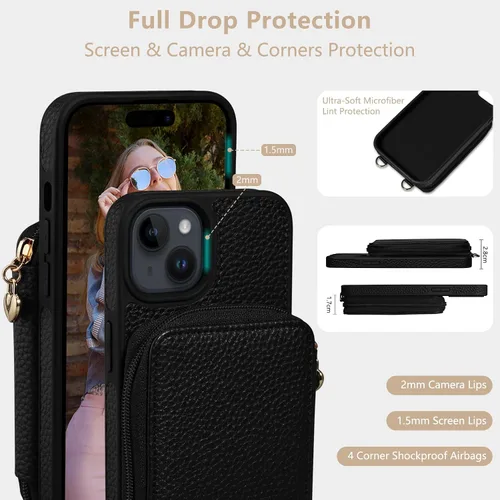 Vista 4 de Funda compatible con iPhone 15 de 6.1 pulgadas, cremallera cruzada con ranuras para tarjetas de bloqueo RFID, soporte, cordón y correa de mano