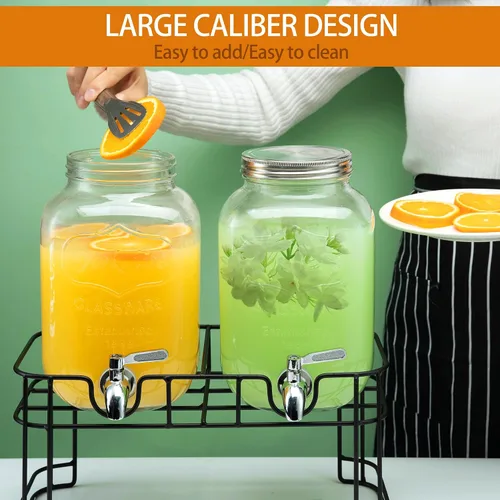 Vista 5 de Dispensadores de bebidas de vidrio de 1 galón para fiestas, paquete de 2 dispensadores de bebidas con soporte, cilindro de hielo y espita de acero