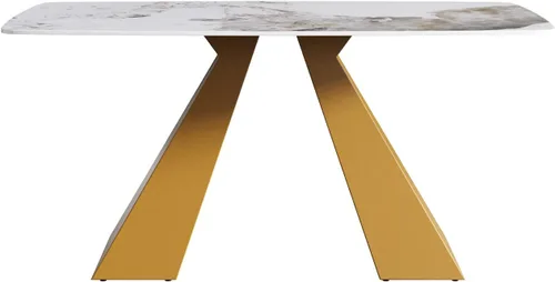 Vista 4 de Mesa de comedor moderna de 63 pulgadas, mesa de cocina rectangular con parte superior de piedra de mármol artificial y base de metal dorado, mesa