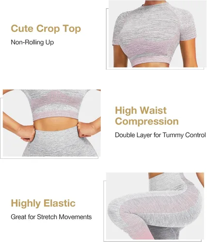 Vista 3 de JOYMODE - Conjunto de entrenamiento para mujer, diseño de 2 piezas con leggings de tiro alto sin costuras y camiseta corta , para yoga