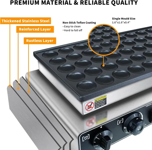 Vista 3 de KOOTEN Mini panqueques holandés, 50 wafleras grandes comerciales, máquina eléctrica para hacer crepas, máquina eléctrica antiadherente redonda con 2