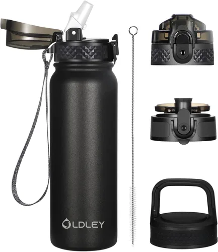 Vista 33 de Botella de agua aislada Oldley de 12 oz con pajita, botella de agua de acero inoxidable con 2 tapas, botellas de doble pared con vacío para adultos