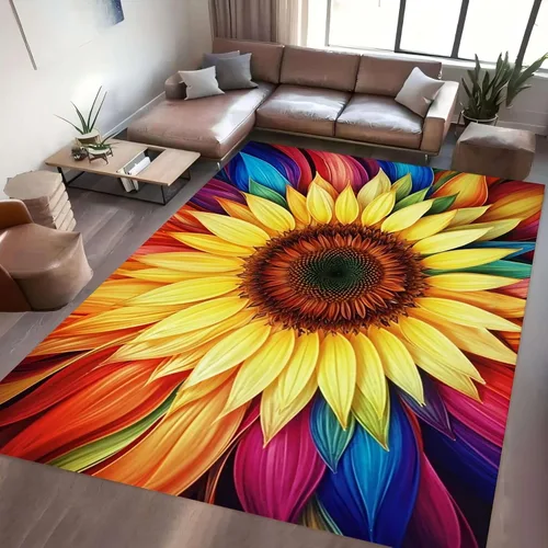 Vista 13 de Alfombra hippie de girasol, 3 x 4 pies, alfombra floral abstracta, alfombra multicolor brillante, antideslizante, fácil de limpiar, para entrada