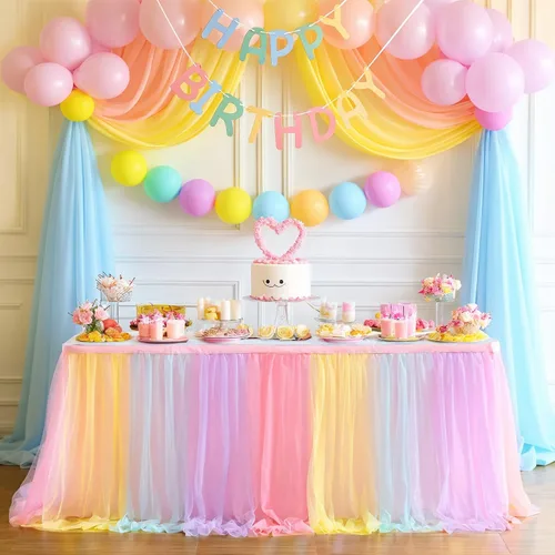 Vista 16 de Suppromo Pack de 2 faldas de mesa de tul azul de 6 pies para mesas rectangulares o redondas, mantel de tul azul para baby shower, cumpleaños