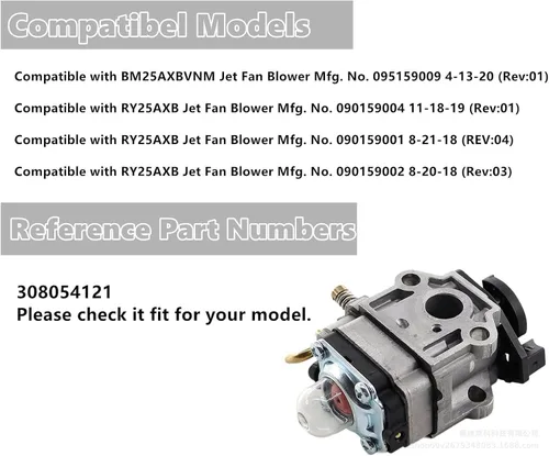 Vista 2 de Kit de carburador compatible con ventilador Ryobi Jet Fan RY25AXB 25cc soplador de gas - Sustituye 308054121, incluyendo junta y línea de combustible