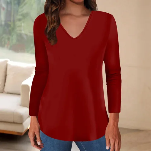 Vista 4 de Womens Clothes V Neck Slim Fit Pullover Tops Long Sleeve Retro Stripe Printing Blouses Lightweight Outfit