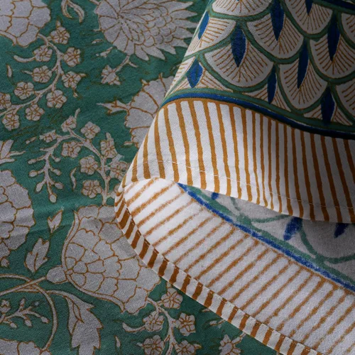 Vista 3 de Mantel redondo con estampado de bloque a mano, 100% algodón, reutilizable, turquesa, verde musgo, 90 pulgadas, mantel decorativo para uso diario