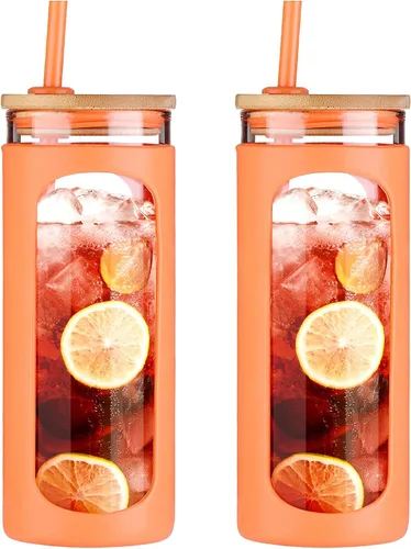 Vista 24 de Kodrine Vaso para agua de vidrio de 20 onzas con popote y tapa, botella de agua con tapas de bambú, taza para café helado, reutilizable, boca ancha