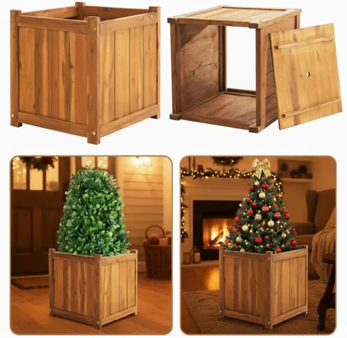 Vista 16 de Juego de 3 cajas de flores de madera para exteriores, macetas de barril de madera de acacia duraderas para plantas al aire libre con asas