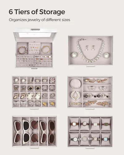 Vista 3 de SONGMICS Joyero, organizador de joyas de 6 niveles, joyero grande con espejo grande, 5 cajones, gran capacidad, almacenamiento de joyas