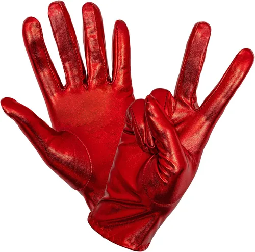 Vista 4 de Skeleteen Guantes de disfraz de color rojo metálico, juego de guantes de vestir elásticos de noche de superhéroe rojo brillante para hombres