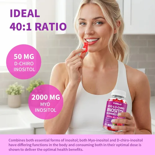 Vista 4 de Gomitas de mio-inositol y D-Chiro inositol, proporción 40:1 suplemento de inositol con vitamina D3, glicinato de magnesio, folato y zinc