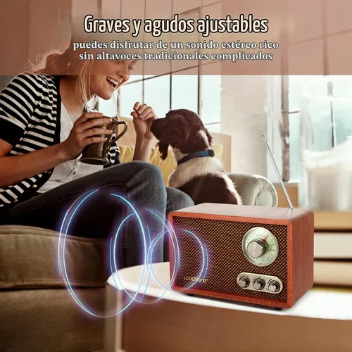 Vista 5 de LoopTone Radio vintage AM FM multifunción USB SD con altavoz Bluetooth, radio de mesa de madera retro para cocina, sala de estar con perilla