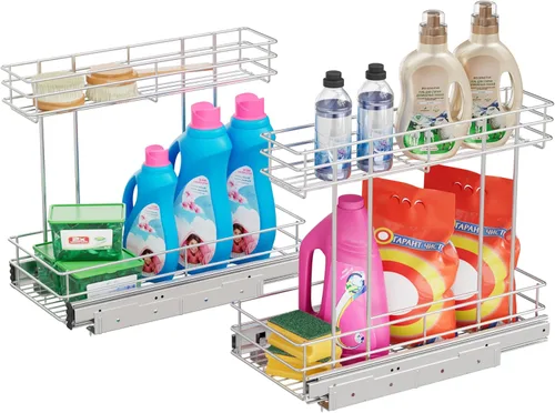 Vista 14 de Organizador de gabinete extraíble de 2 niveles para debajo del fregadero, cesta de estante de alambre deslizante para gabinetes de base de cocina, 9