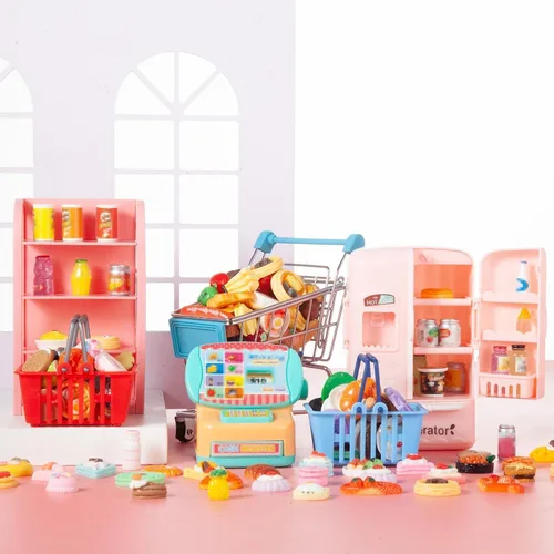 Vista 2 de 164Pcs Mini Carrito de Compras Cesta Miniatura Comida Bebida Juguetes Supermercado Metal Manivela Carrito Muñeca Casa Tienda Accesorios