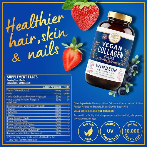 Vista 3 de Colágeno vegano para mujeres y hombres – Superalimento orgánico, aminoácidos glicina, lisina, prolina para una piel sana, cabello, uñas