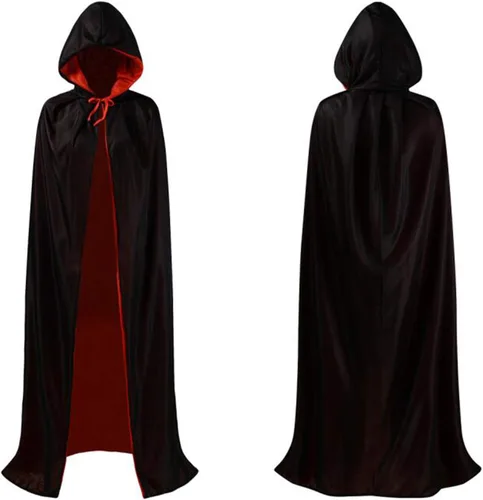 Vista 9 de OurLore Disfraz reversible de capa para fiesta de máscaras, Halloween, Navidad, color negro y rojo (35 pulgadas, con capucha)