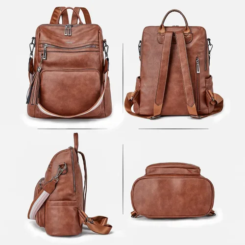 Vista 20 de OPAGE - Mochila de cuero para mujer, con borla de moda, bolso de hombro, mochila grande, bolsa de viaje, gris, L