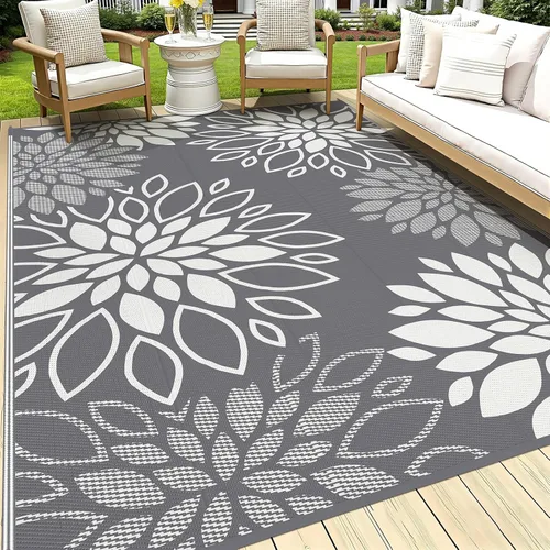 Vista 22 de HEBE Alfombra impermeable para exteriores de 5 x 8 pies para patios, alfombra de paja de plástico reversible floral, alfombra de patio, alfombra
