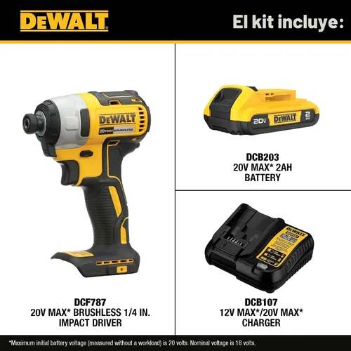 Vista 2 de DEWALT Atornillador de Impacto 20V MAX, 1/4 Pulgada, Batería y Cargador Incluidos (DCF787D1)