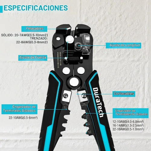 Vista 2 de DURATECH Pelacables autoajustable, herramienta automática 3 en 1 para pelar 22-7 AWG y herramienta de prensado, pelado/prensado/corte de 22-10 AWG