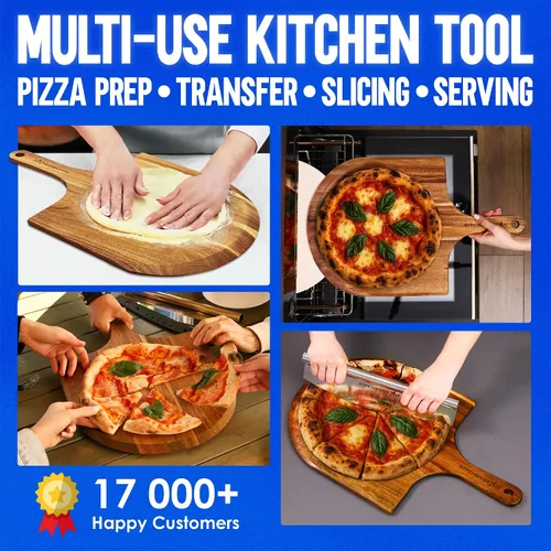 Vista 5 de KitchenStar Pela de pizza de madera de acacia de 14 pulgadas – Tabla grande de madera para cortar y servir con mango – Acabado de aceite natural