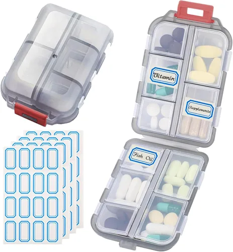 Vista 20 de Organizador de pastillas de viaje portátil, estuche pequeño para bolsillo, pastillero para bolso, organizador de medicinas con 10 compartimentos
