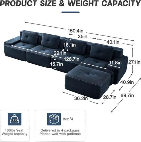 Vista 2 de Sofás modulares sin hueso de 152.8 pulgadas para sala de estar, sofá modular con diván en forma de L, cómodo asiento profundo tapizado de tela