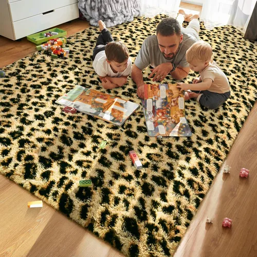 Vista 2 de HOMORE Alfombras esponjosas de leopardo de alta calidad, alfombra con estampado de leopardo para sala de estar, dormitorio, alfombra suave