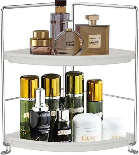 Vista 8 de Estante de especias de cocina de 2 niveles, organizador de encimera de baño, bandeja de tocador, almacenamiento de cosméticos y maquillaje, estante