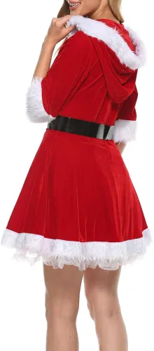 Vista 6 de Luckinbaby Disfraz de Mrs Claus de 2 piezas para mujer vestido de Navidad de manga larga con capucha vestido de Papá Noel para fiesta cosplay traje