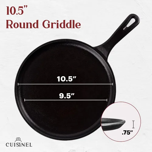 Vista 3 de Plancha redonda de hierro fundido – Sartén para crepas de 10.5 pulgadas + cubierta de mango de silicona – Comal pre-sazonado para sartén plana