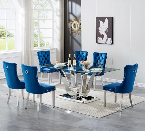 Vista 54 de SSLine Mesa de comedor de cristal dorado de 70 pulgadas para 4-6, base de Mesa de oro floral