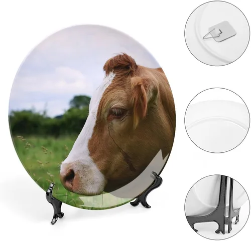 Vista 4 de Platos decorativos de cerámica de 6 pulgadas para colgar en la pared, plato de cerámica de vaca con soporte de exhibición, platos domésticos